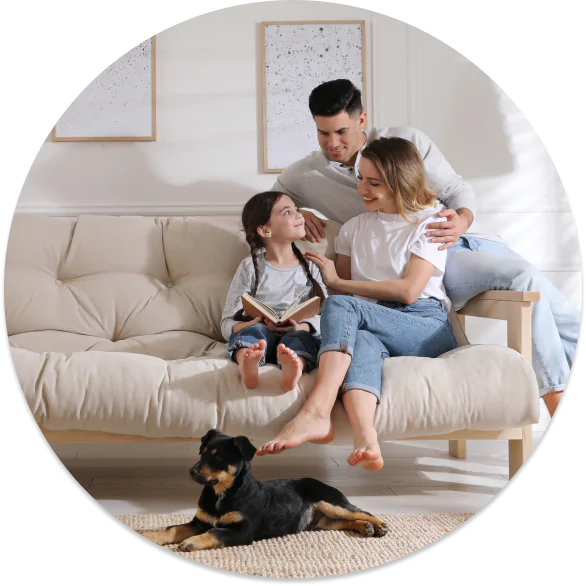 happy couple with their pet in a rental home